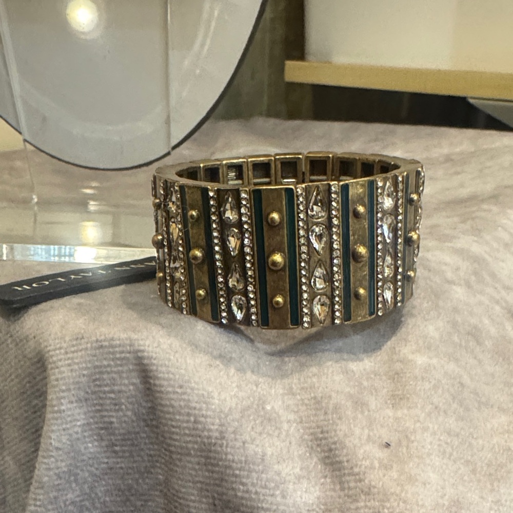 And Taylor wide Gold and Crystal/green enamel stretchBracelet NWT $68